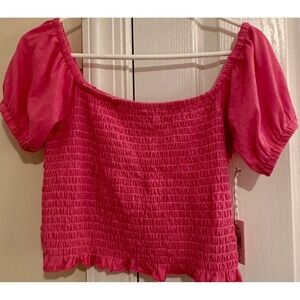 Simply Southern Shirred Crop Top Hot‎ Pink Square Neck Puff Sleeve Large NWT
